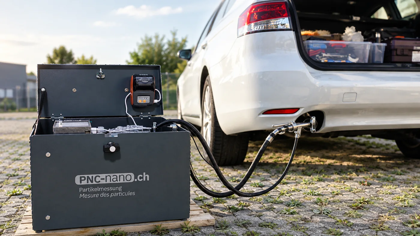 Mobile Partikelfiltermessung direkt vor Ort Mobiles PNC-nano Partikelmessgerät im Einsatz an einem Diesel-Auto